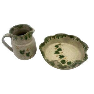 Handcrafted Vintage Studio Pottery Pitcher Scalloped Bowl Set Green Ivy Pattern
